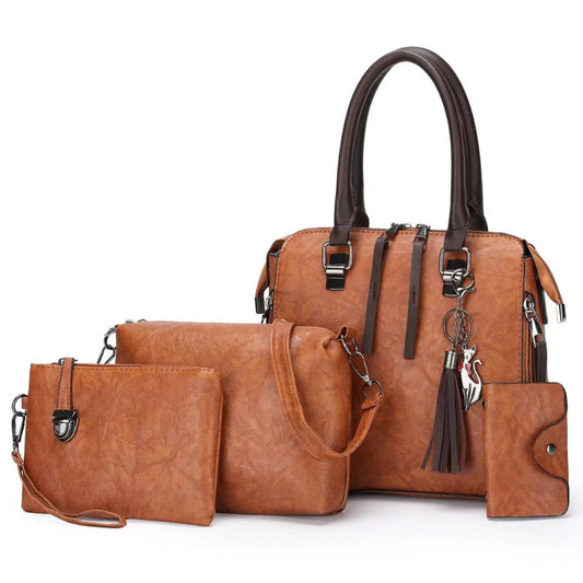 Elosung Brown 4-Piece Women's Pu Leather Tote Bag Set Handbag Shoulder Clutch And Card Holder Lightweight Design