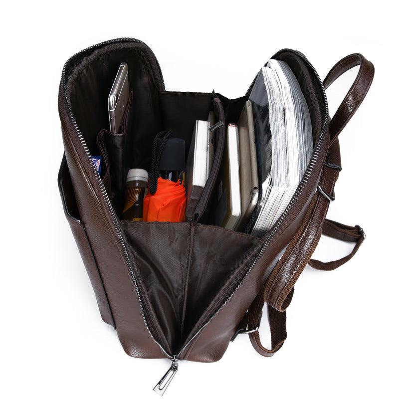 Brown Pu Leather Backpack Stylish Anti Theft Multi Pocket Travel Bag
