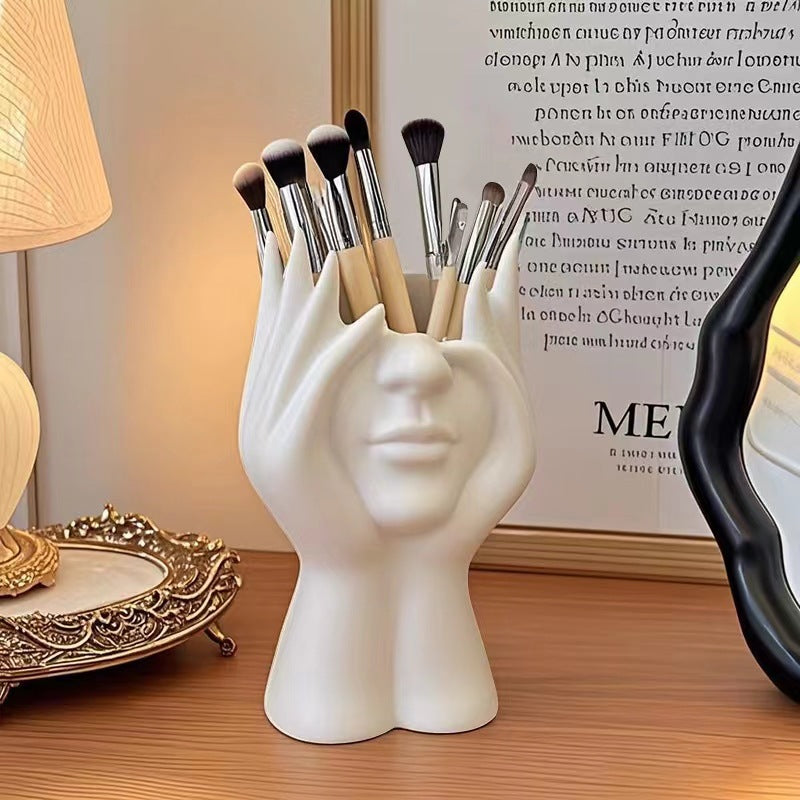 Elosung 2 Pcs White Elegant Hand Shaped Brush Holder Creative Makeup Organizer For Vanity And Desk(Makeup Not Included)