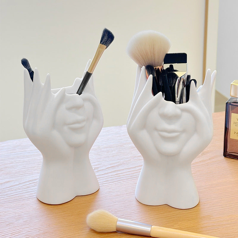 Elosung 2 Pcs White Elegant Hand Shaped Brush Holder Creative Makeup Organizer For Vanity And Desk(Makeup Not Included)