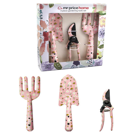 Pink 3-Piece Floral Garden Tool Set Carbon Steel Pruner Trowel & Cultivator For Gardening