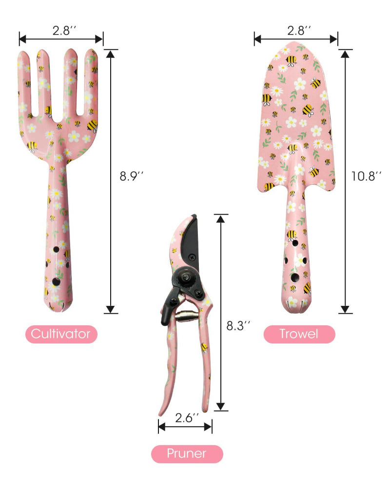 Pink 3-Piece Floral Garden Tool Set Carbon Steel Pruner Trowel & Cultivator For Gardening