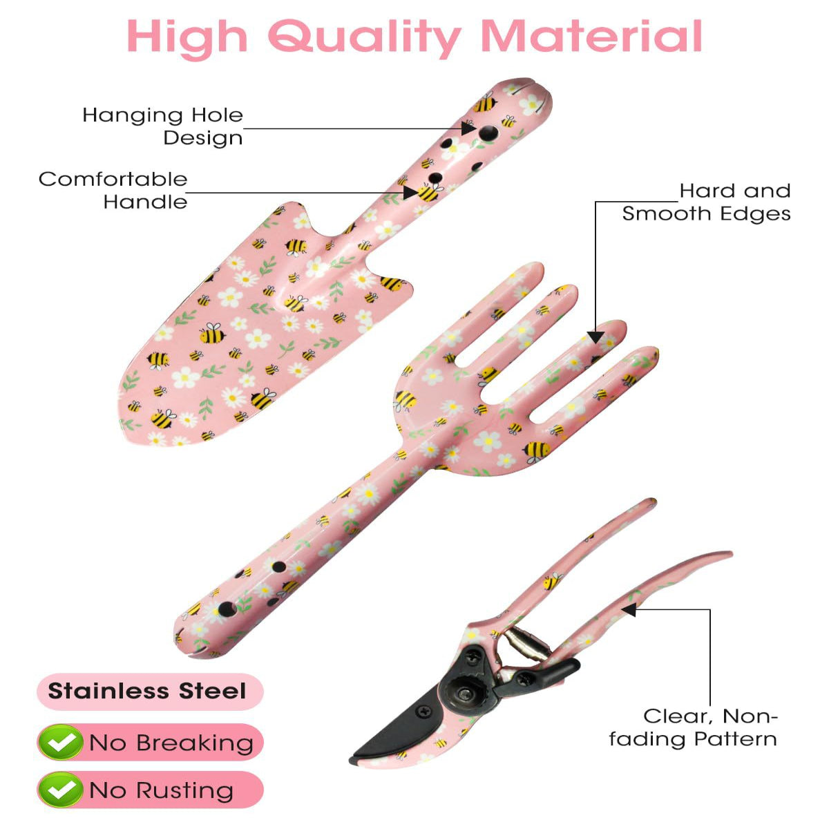 Pink 3-Piece Floral Garden Tool Set Carbon Steel Pruner Trowel & Cultivator For Gardening