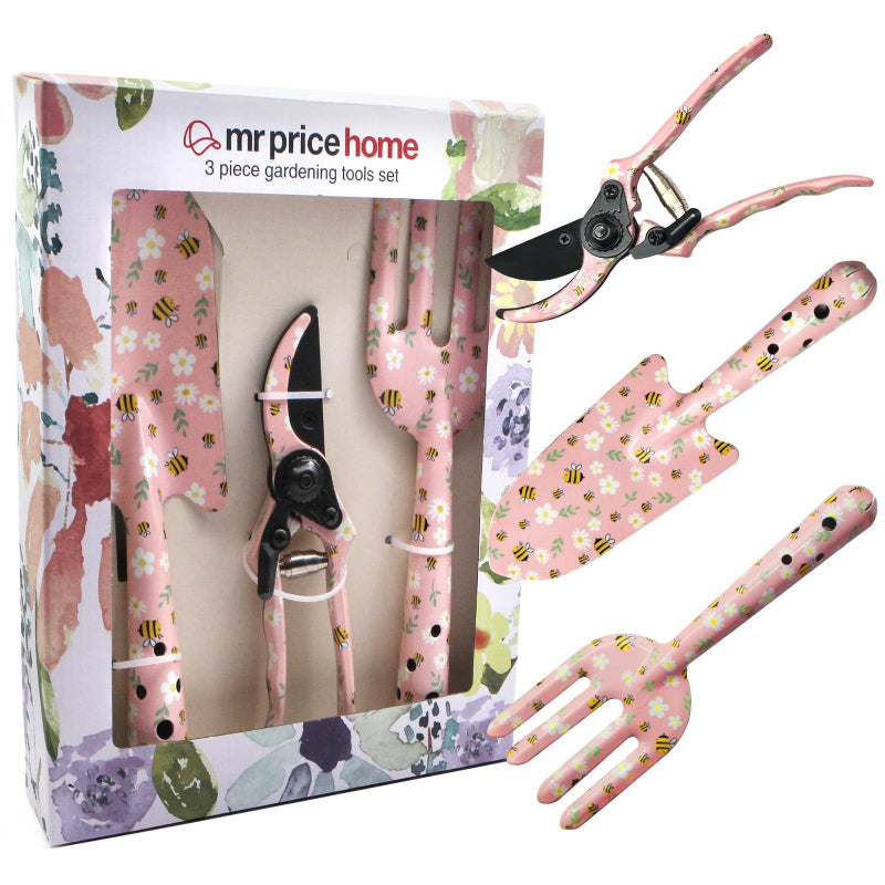 Pink 3-Piece Floral Garden Tool Set Carbon Steel Pruner Trowel & Cultivator For Gardening