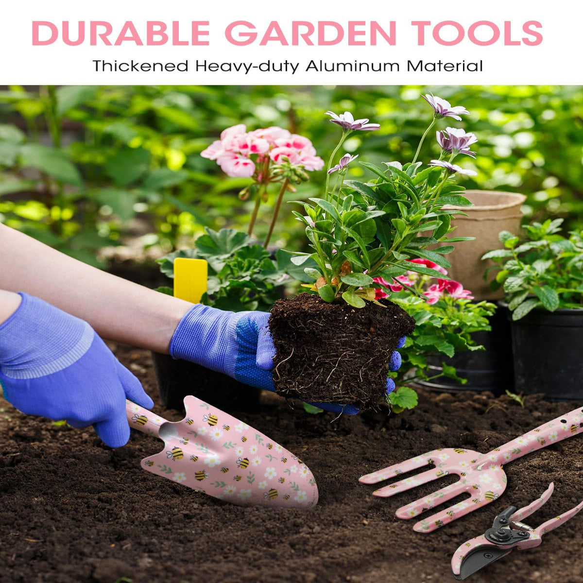 Pink 3-Piece Floral Garden Tool Set Carbon Steel Pruner Trowel & Cultivator For Gardening