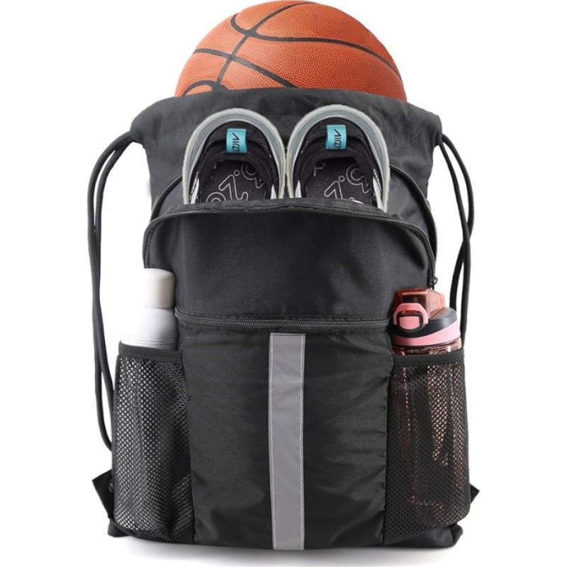 Black Multi Pocket Drawstring Backpack Gym Bag With Zipper Compartments Bottle Holders & Reflective Strip