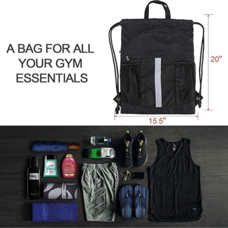 Black Multi Pocket Drawstring Backpack Gym Bag With Zipper Compartments Bottle Holders & Reflective Strip