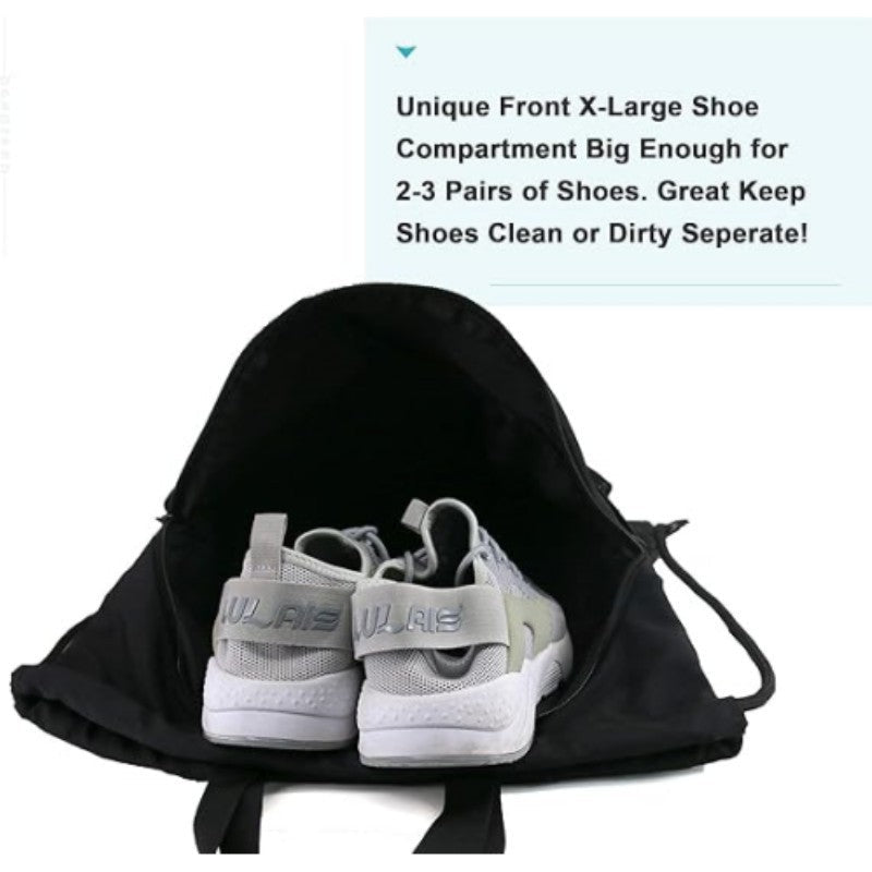 Black Multi Pocket Drawstring Backpack Gym Bag With Zipper Compartments Bottle Holders & Reflective Strip