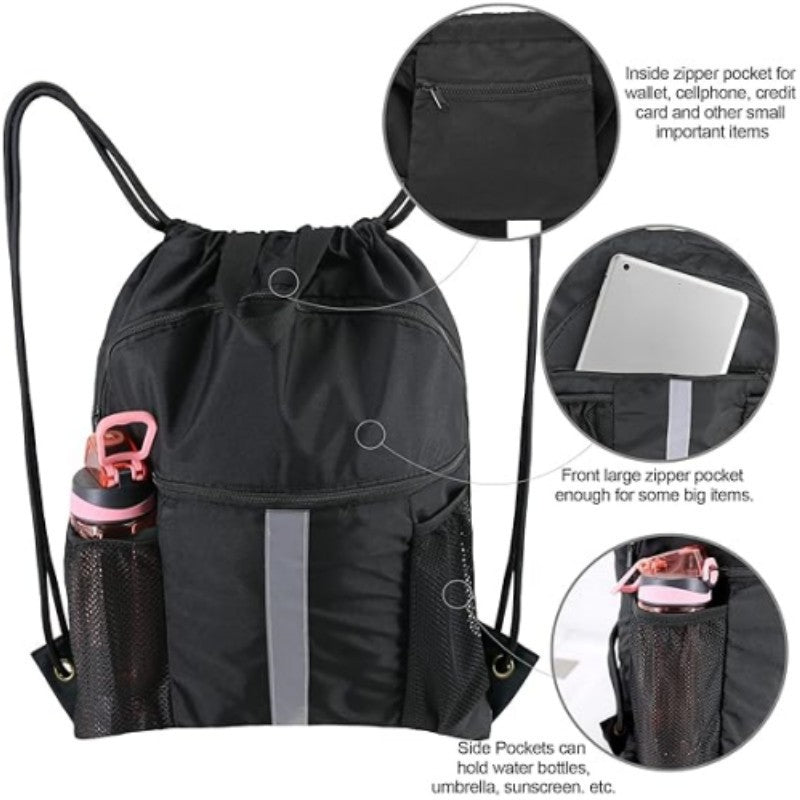 Black Multi Pocket Drawstring Backpack Gym Bag With Zipper Compartments Bottle Holders & Reflective Strip