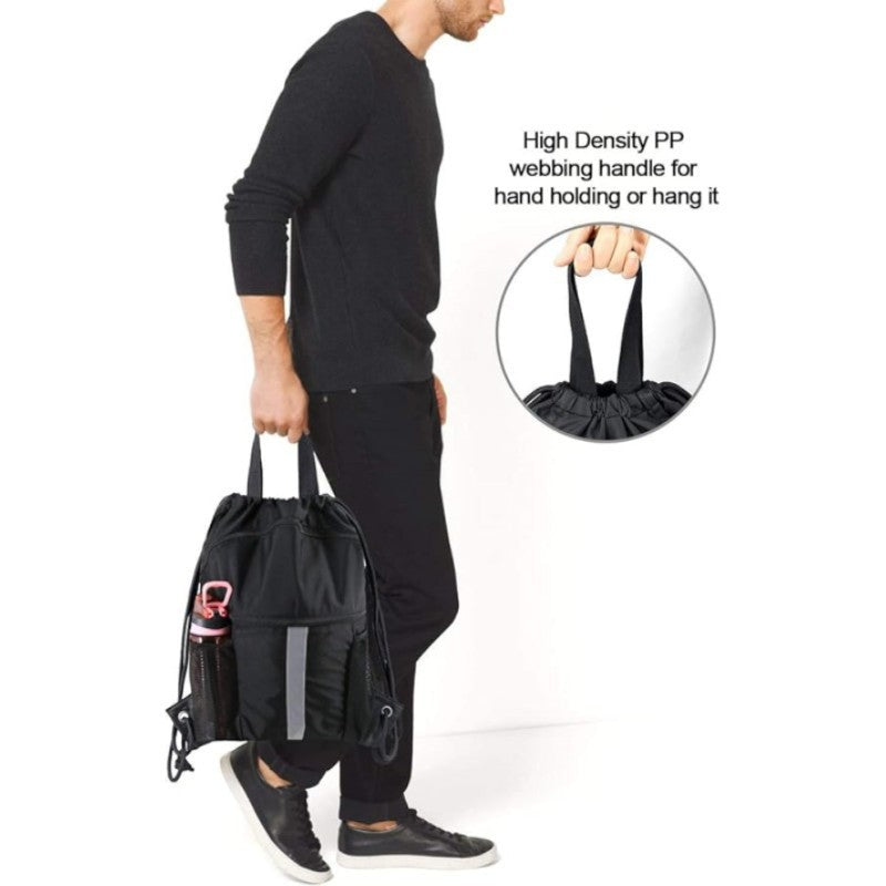 Black Multi Pocket Drawstring Backpack Gym Bag With Zipper Compartments Bottle Holders & Reflective Strip