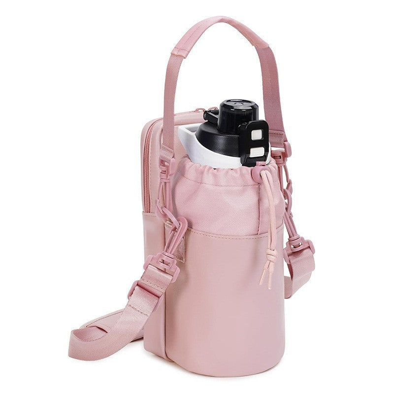 Pink Stylish Water Bottle Carrier Bag With Phone Pocket Key Clip & Adjustable Strap - Crossbody Sling Holder