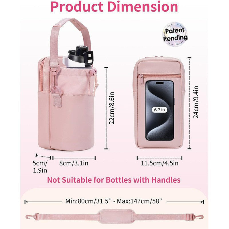 Pink Stylish Water Bottle Carrier Bag With Phone Pocket Key Clip & Adjustable Strap - Crossbody Sling Holder