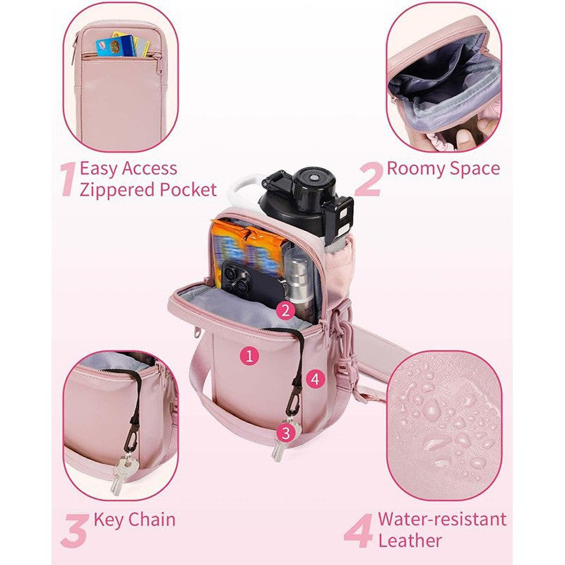 Pink Stylish Water Bottle Carrier Bag With Phone Pocket Key Clip & Adjustable Strap - Crossbody Sling Holder