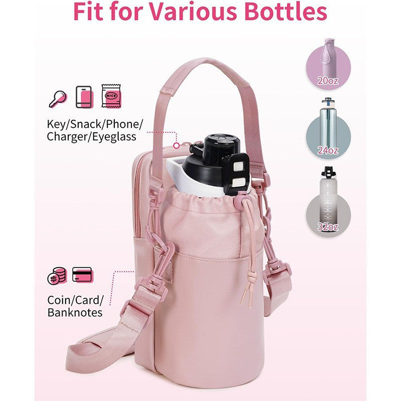 Pink Stylish Water Bottle Carrier Bag With Phone Pocket Key Clip & Adjustable Strap - Crossbody Sling Holder