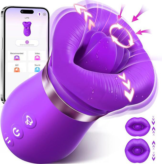 Purple Lips Vibrating Stimulator Dual Action Suction Licking Massager For Women