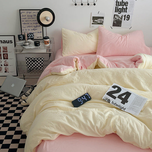 Pink-Yellow 1.5M Bed Fitted Sheet Set With 200X230cm Duvet Cover 4-Piece Bedding