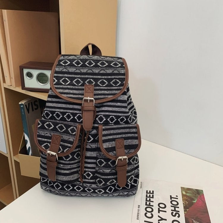 Black Stripes Boho Pattern Backpack Stylish Casual For Everyday