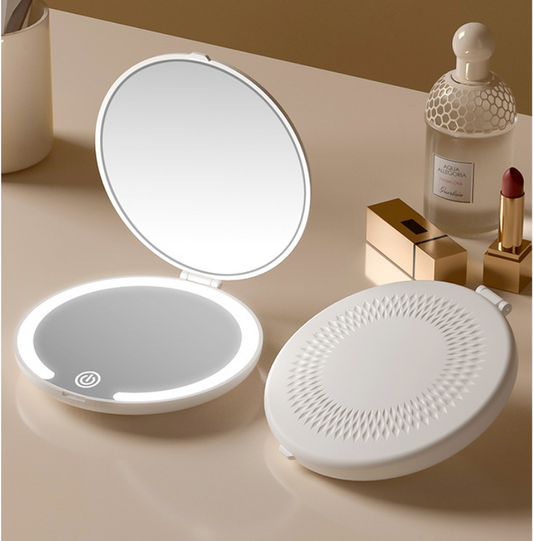 Elosung Khaki Led Makeup Mirror With Tricolor Lights Rechargeable Folding Travel