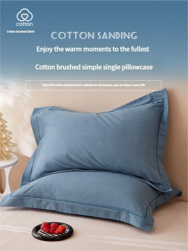 Blue Pure Cotton Flannel Pillowcase Set Soft Thickened Solid Color Pair 48X74cm