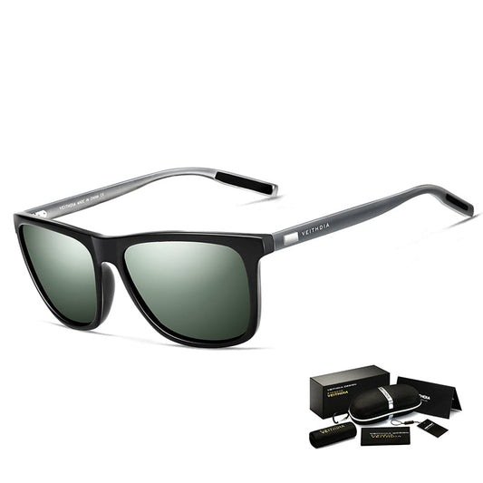 Black Frame + Dark Grey Temples Green Lenses Unisex Aluminum-Magnesium Square Polarized Sunglasses Stylish Uv-Protective