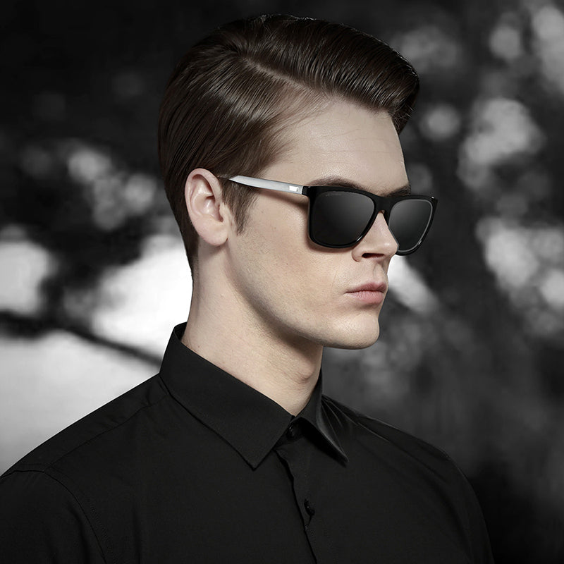 Black Frame + Dark Grey Temples Green Lenses Unisex Aluminum-Magnesium Square Polarized Sunglasses Stylish Uv-Protective