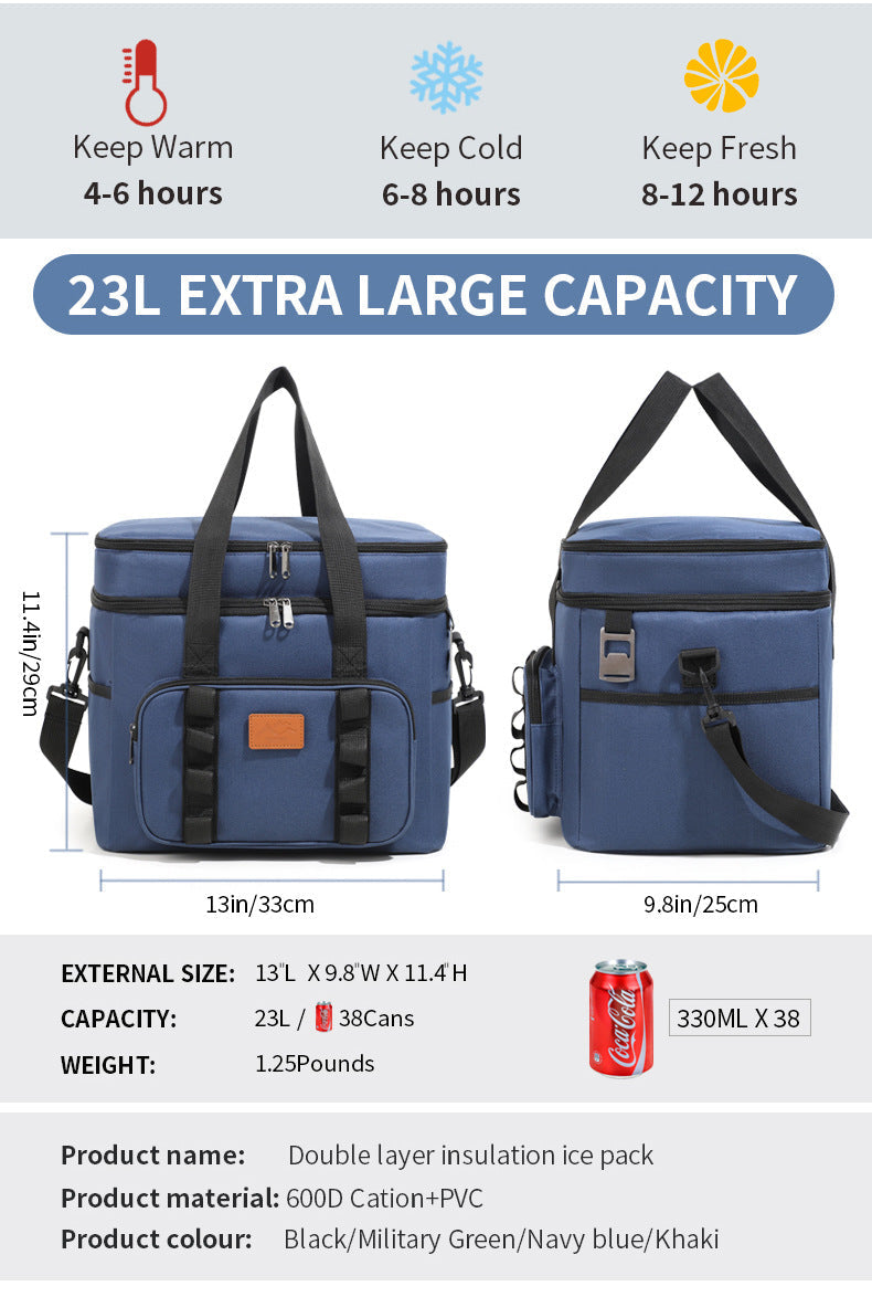 Black 23L Extra Large Insulated Cooler Bag With Double Layers - Perfect For Camping Picnics And Outdoor Adventures