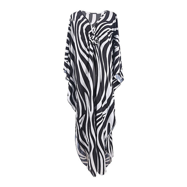 1 Sets of Elosung 1 Sets Of Zebra Print Loose Fit Caftan Dress Resort Style Beach Coverup For Women