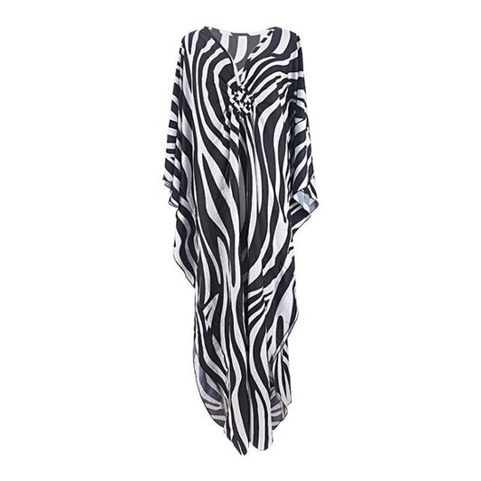 1 Sets of Elosung 1 Sets Of Zebra Print Loose Fit Caftan Dress Resort Style Beach Coverup For Women