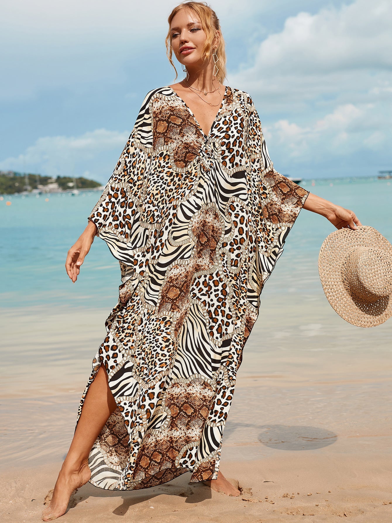 1 Sets of Elosung 1 Sets Of Zebra Print Loose Fit Caftan Dress Resort Style Beach Coverup For Women