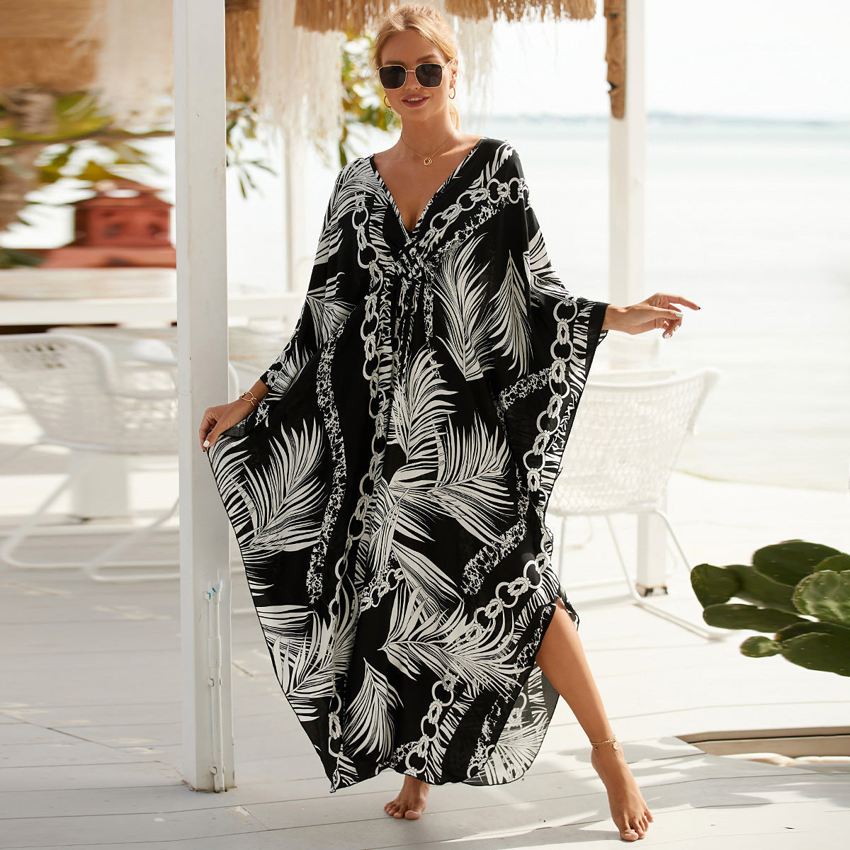 1 Sets of Elosung 1 Sets Of Zebra Print Loose Fit Caftan Dress Resort Style Beach Coverup For Women