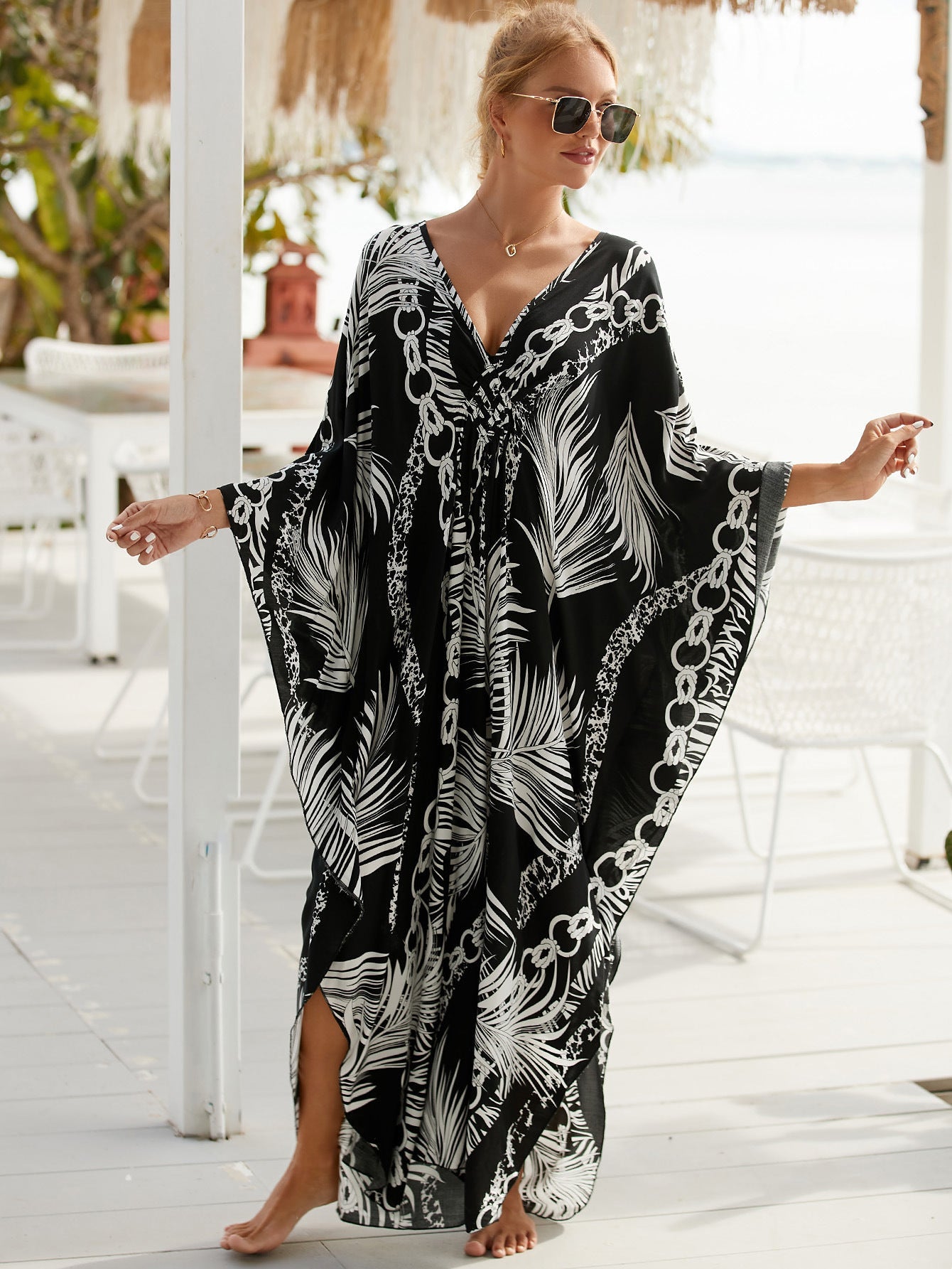 1 Sets of Elosung 1 Sets Of Zebra Print Loose Fit Caftan Dress Resort Style Beach Coverup For Women