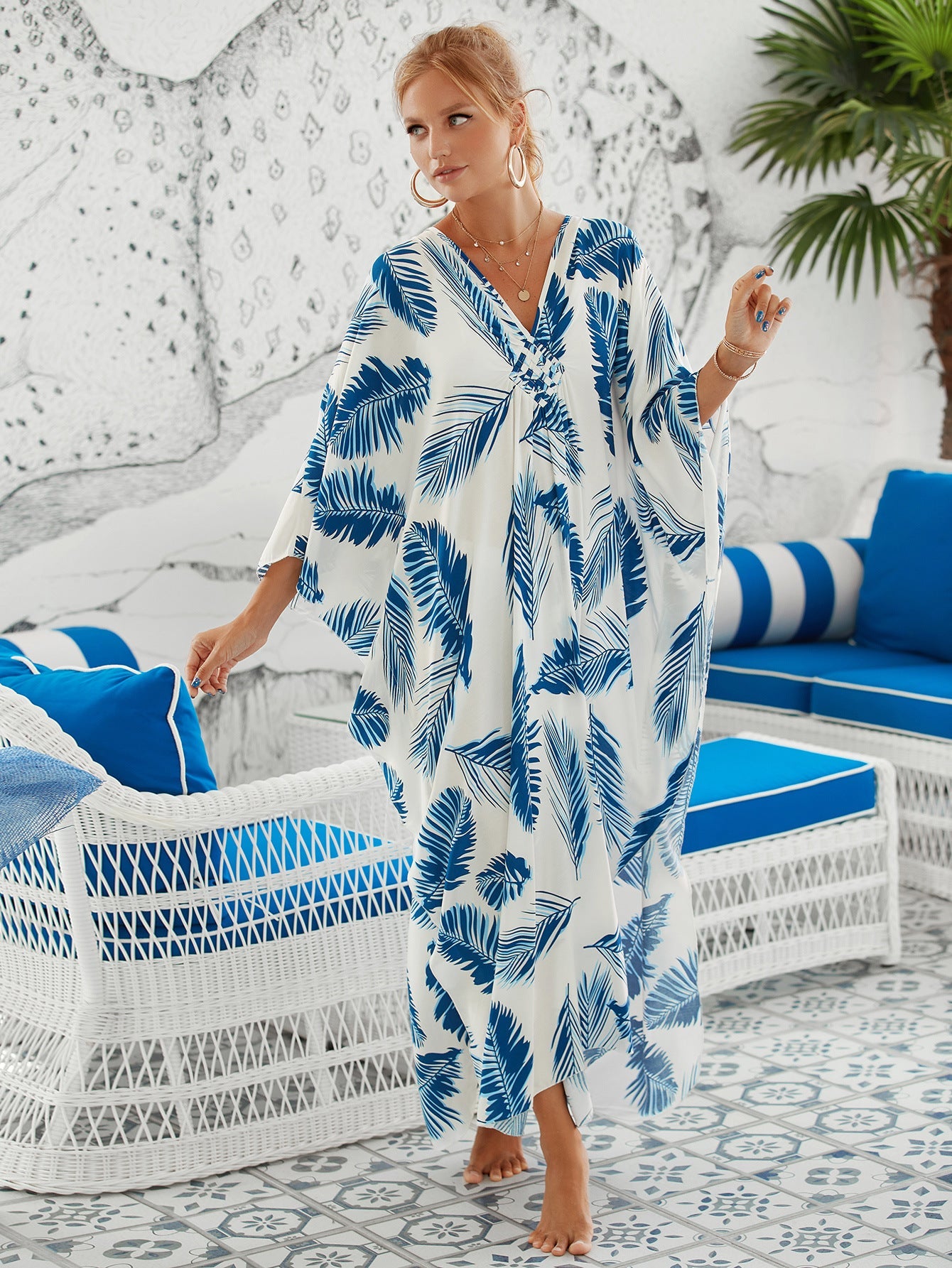 1 Sets of Elosung 1 Sets Of Zebra Print Loose Fit Caftan Dress Resort Style Beach Coverup For Women