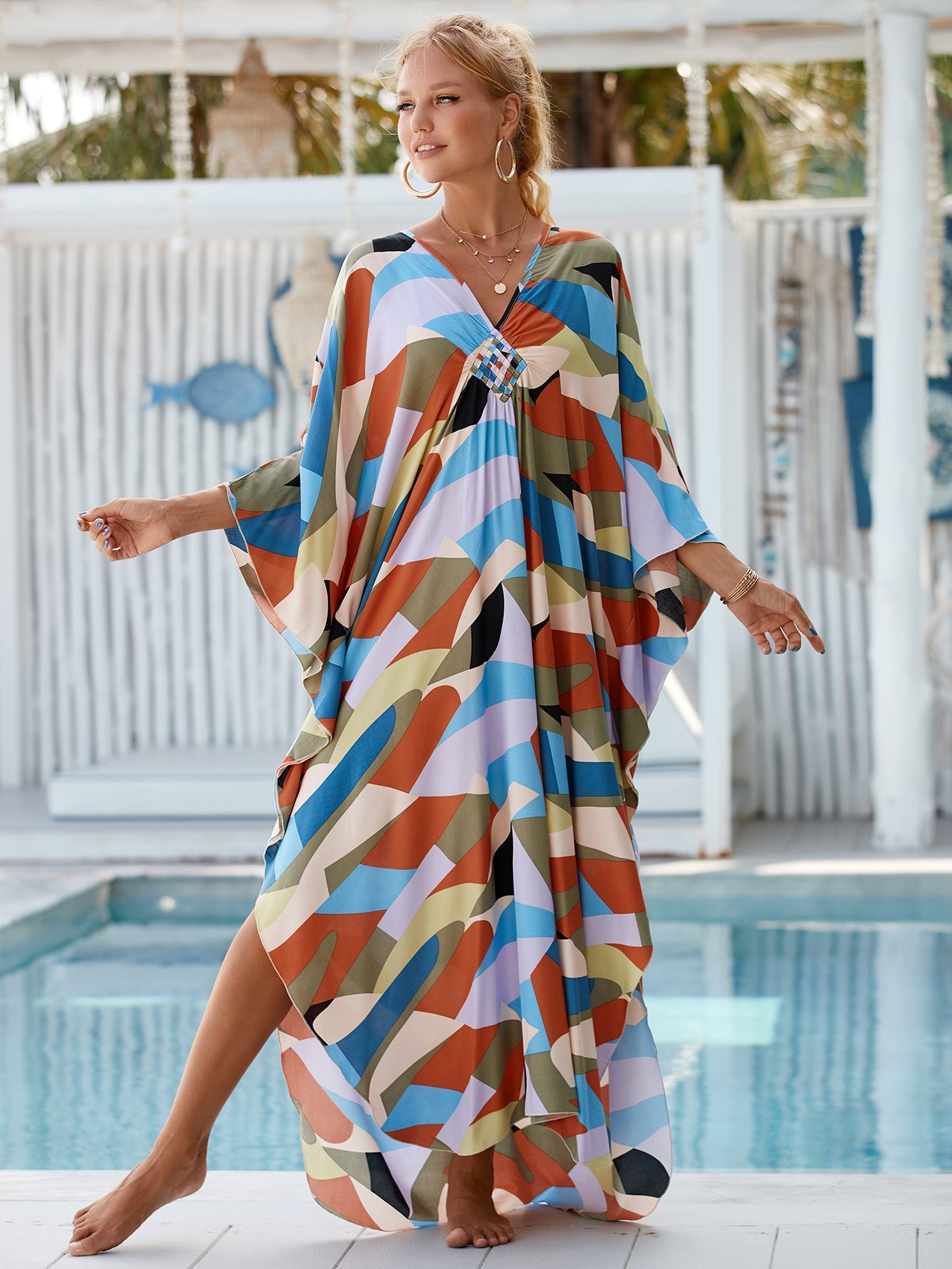 1 Sets of Elosung 1 Sets Of Zebra Print Loose Fit Caftan Dress Resort Style Beach Coverup For Women