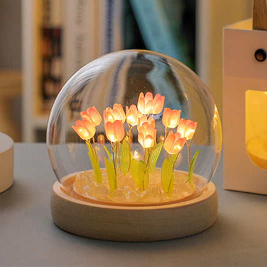 1 Sets of Elosung 1 Sets Of (Ten Pink Tulips) Glowing Dome Lamp Wooden Base Bedside Table Decoration