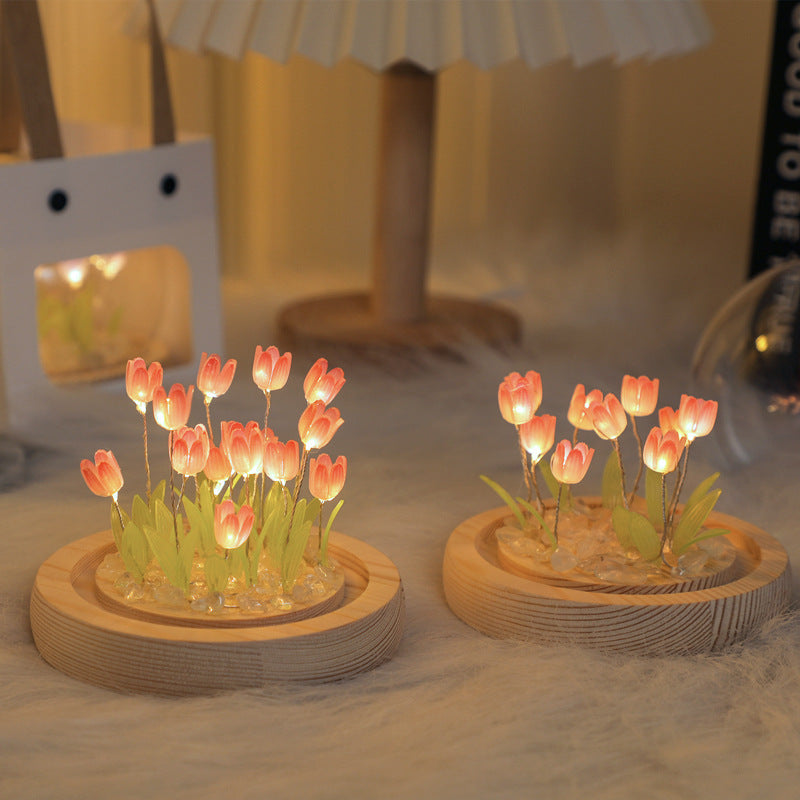 1 Sets of Elosung 1 Sets Of (Ten Pink Tulips) Glowing Dome Lamp Wooden Base Bedside Table Decoration