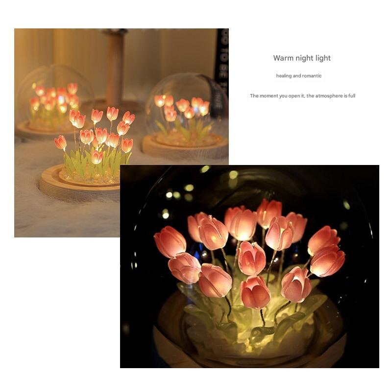 1 Sets of Elosung 1 Sets Of (Ten Pink Tulips) Glowing Dome Lamp Wooden Base Bedside Table Decoration