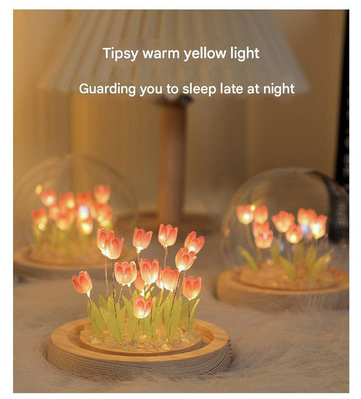 1 Sets of Elosung 1 Sets Of (Ten Pink Tulips) Glowing Dome Lamp Wooden Base Bedside Table Decoration
