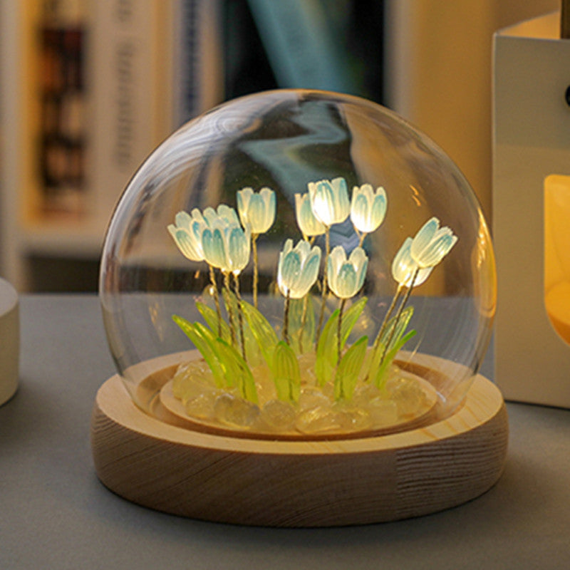1 Sets of Elosung 1 Sets Of (Ten Pink Tulips) Glowing Dome Lamp Wooden Base Bedside Table Decoration