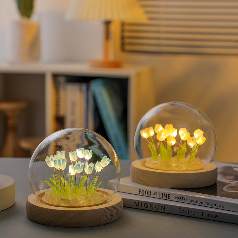 1 Sets of Elosung 1 Sets Of (Ten Pink Tulips) Glowing Dome Lamp Wooden Base Bedside Table Decoration