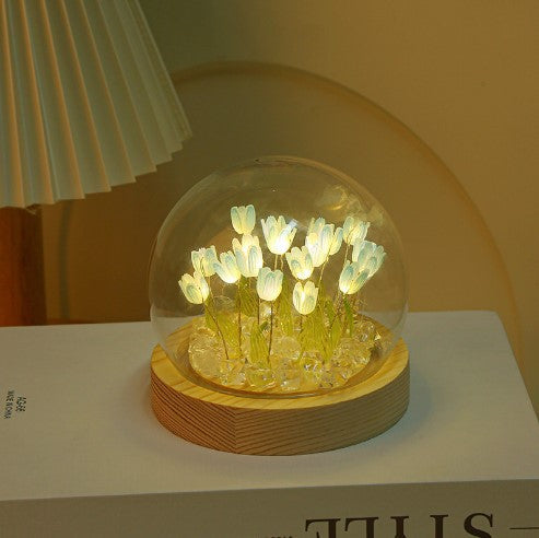 1 Sets of Elosung 1 Sets Of (Ten Pink Tulips) Glowing Dome Lamp Wooden Base Bedside Table Decoration