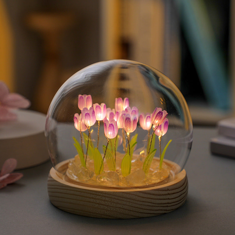 1 Sets of Elosung 1 Sets Of (Ten Pink Tulips) Glowing Dome Lamp Wooden Base Bedside Table Decoration
