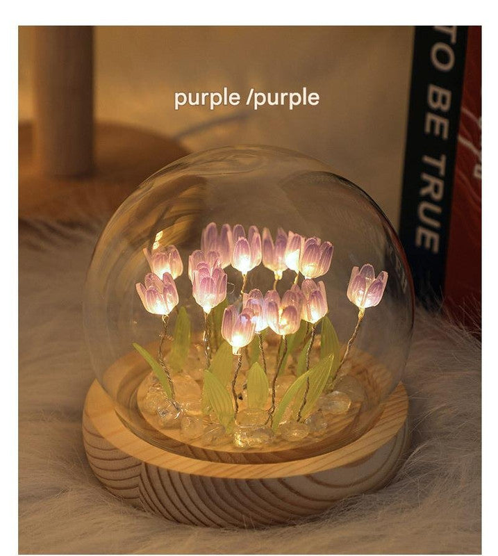 1 Sets of Elosung 1 Sets Of (Ten Pink Tulips) Glowing Dome Lamp Wooden Base Bedside Table Decoration