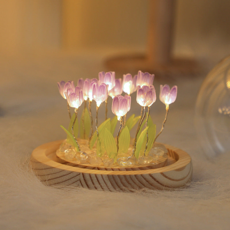1 Sets of Elosung 1 Sets Of (Ten Pink Tulips) Glowing Dome Lamp Wooden Base Bedside Table Decoration