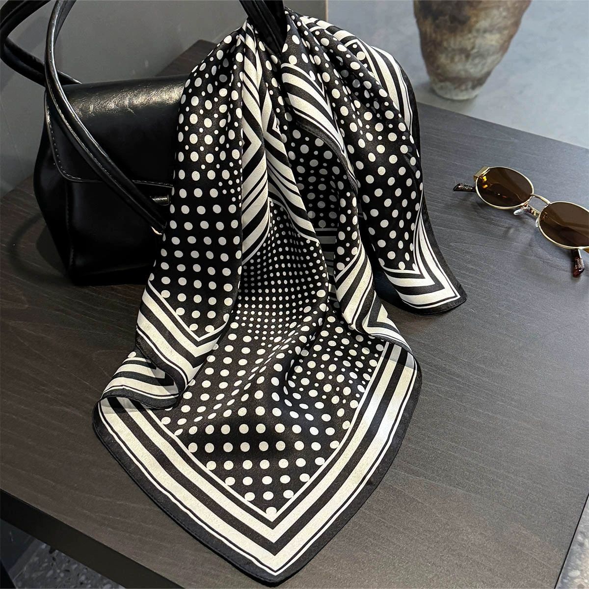 Black Polka Dots 53Cm Silk Scarf 100% Mulberry Floral Print Women's Square Shawl (Style 5)