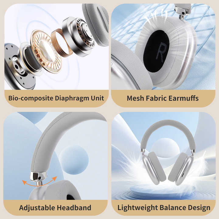 Silver Wireless Over Ear Headphones Bluetooth 5.3 Knob Control