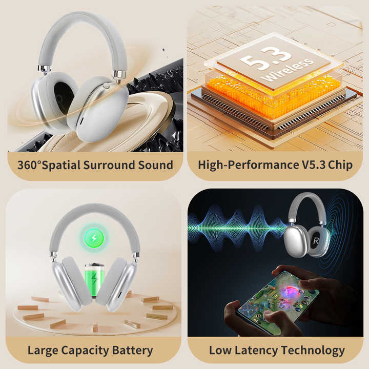 Silver Wireless Over Ear Headphones Bluetooth 5.3 Knob Control