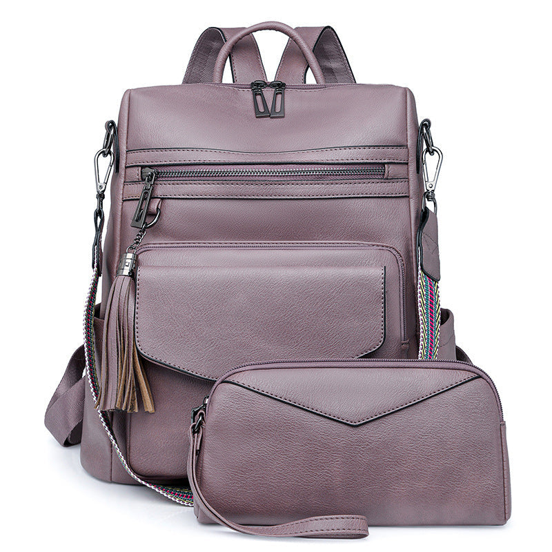 Purple Fashionable Women's Backpack Set With Coin Purse And Tassels