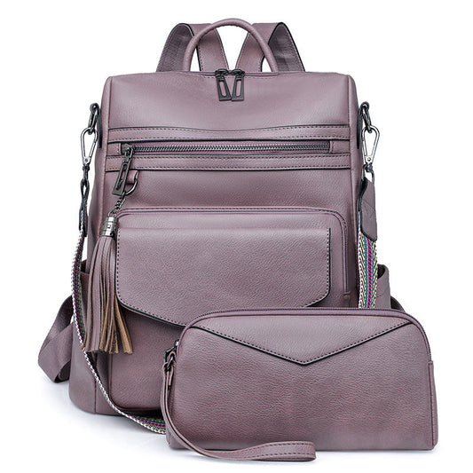 Purple Fashionable Women's Backpack Set With Coin Purse And Tassels