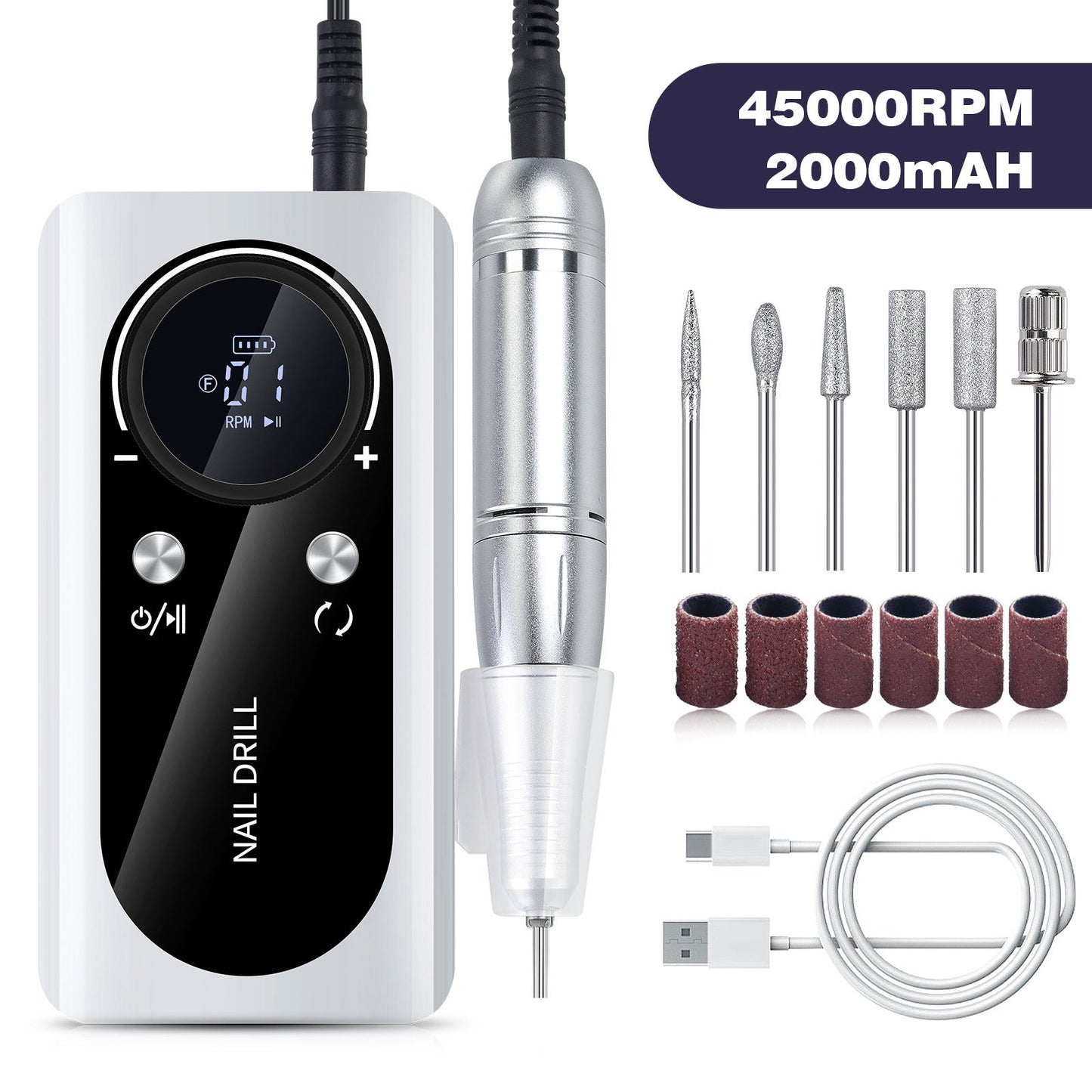 White 45000Rpm Rechargeable Nail Drill Portable Electric File For Manicure Pedicure