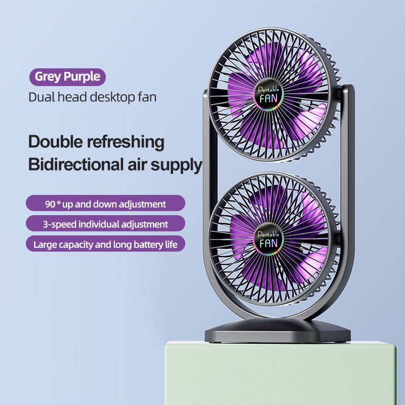 Purple Dual Head Usb Rechargeable Desk Fan Portable Double Air Circulator